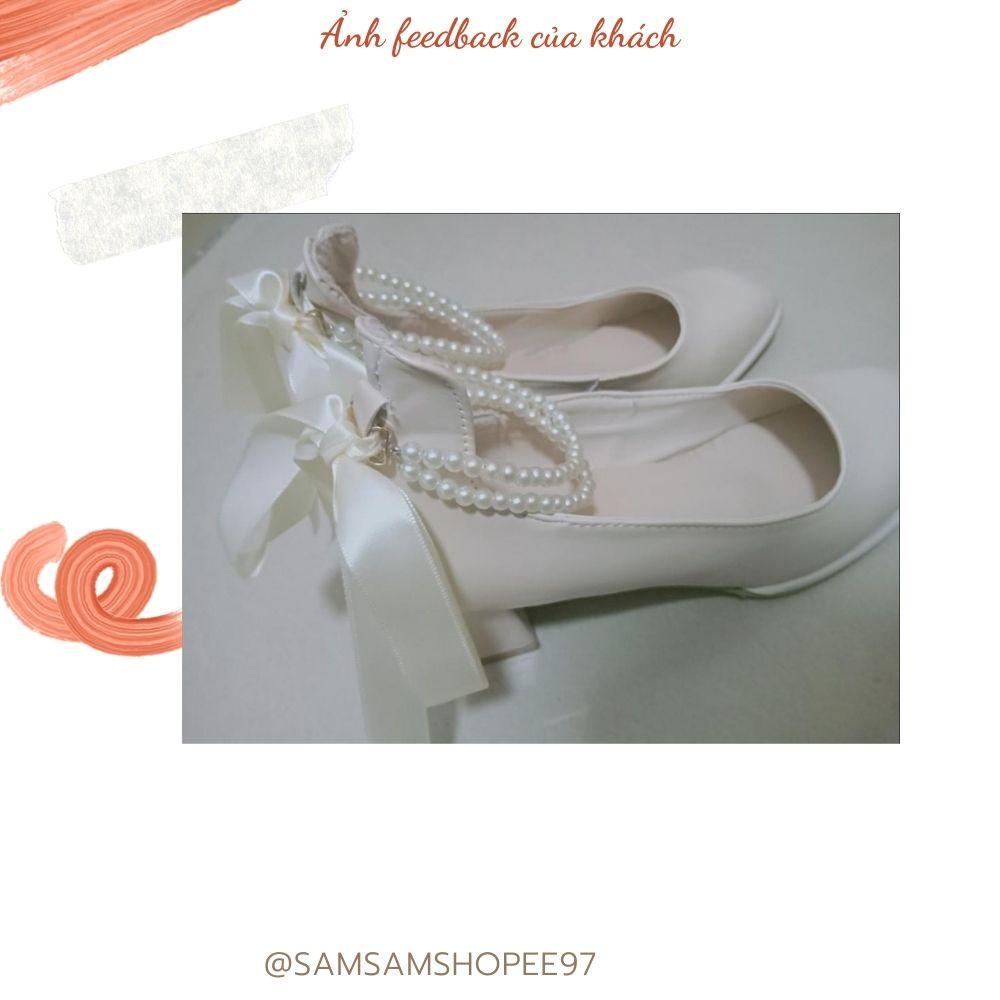 (Có Sẵn) Giày tiểu thư đế vuông cao gót phối nơ ngọc siêu xinh (Kèm ảnh thật)