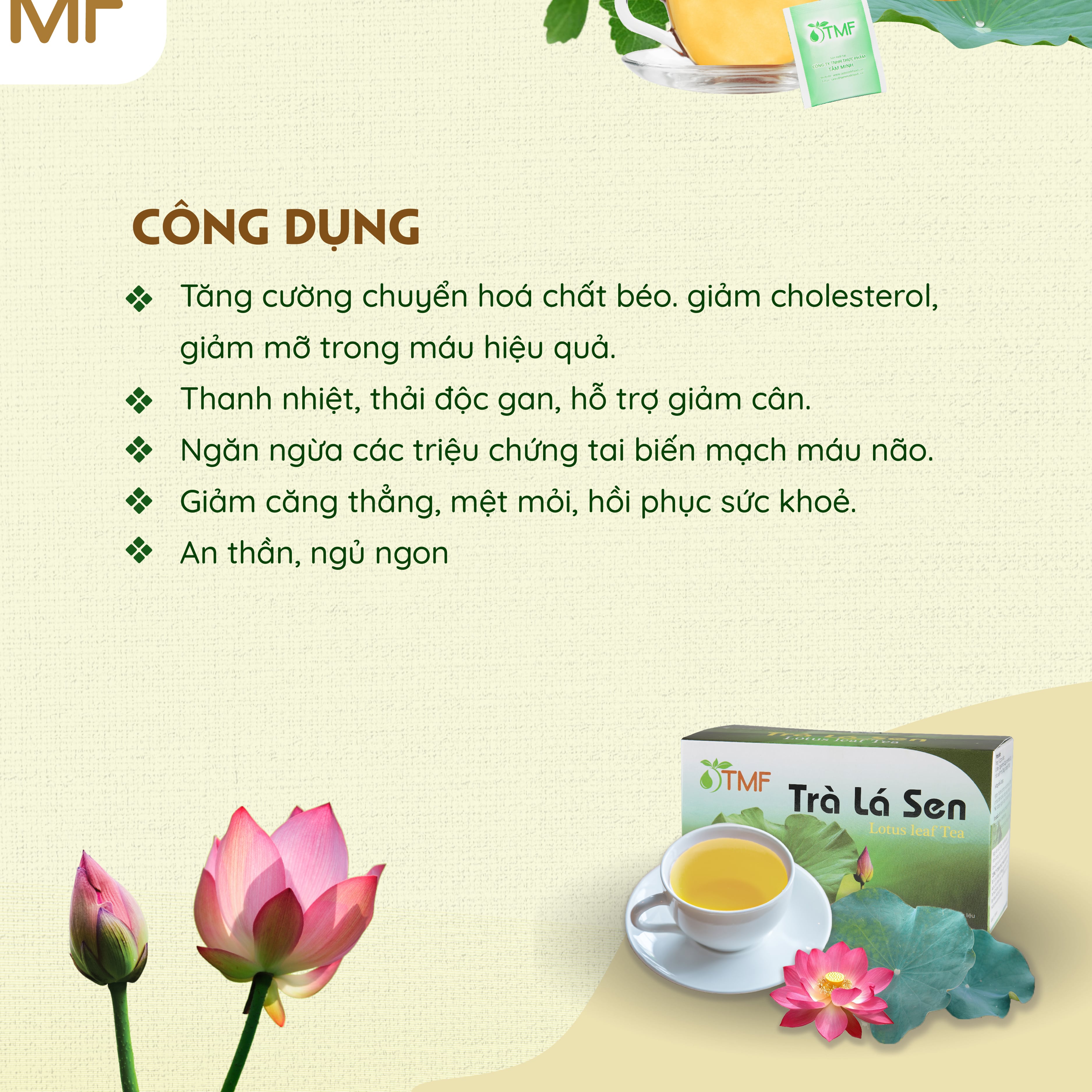 Trà lá sen túi lọc TÂM MINH FOODS hạ mỡ máu giảm cân ngủ ngon hộp 20 gói