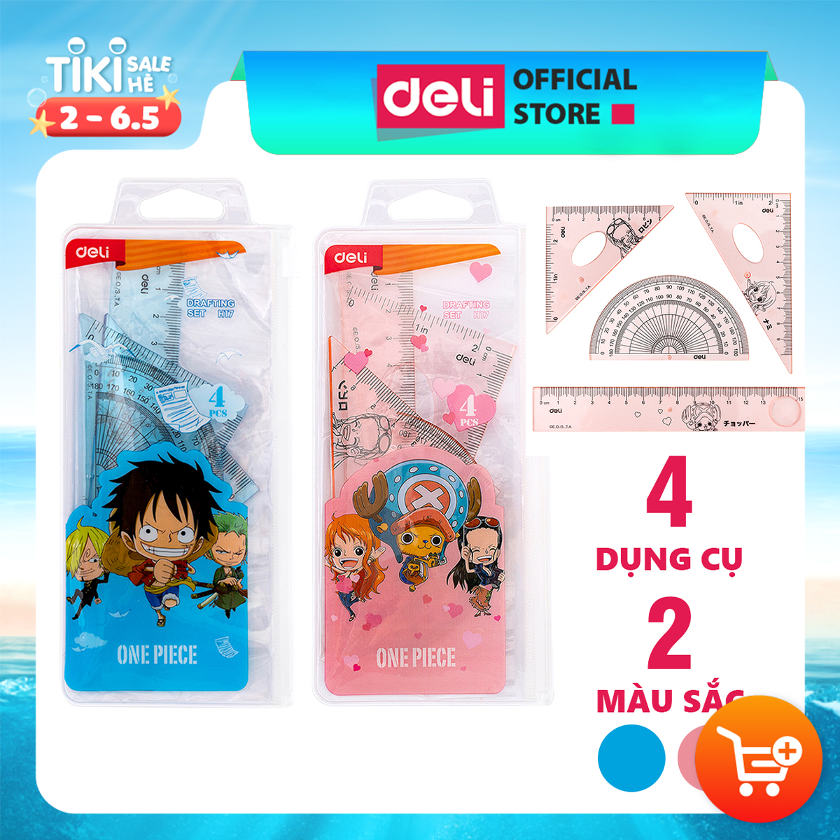 Bộ thước kẻ, thước đo độ, eke tam giác vuông học sinh Đảo Hải Tặc One Piece Deli - Bộ dụng cụ học tập 4 chiếc - Xanh hồng - EH17