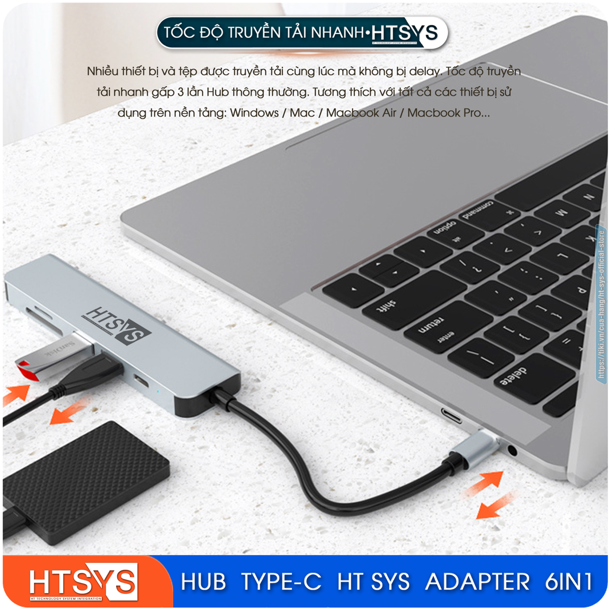 Hub Type C HT SYS 6 in 1 To HDMI, USB 3.0, SD, TF, PD 100W - Hàng Chính Hãng