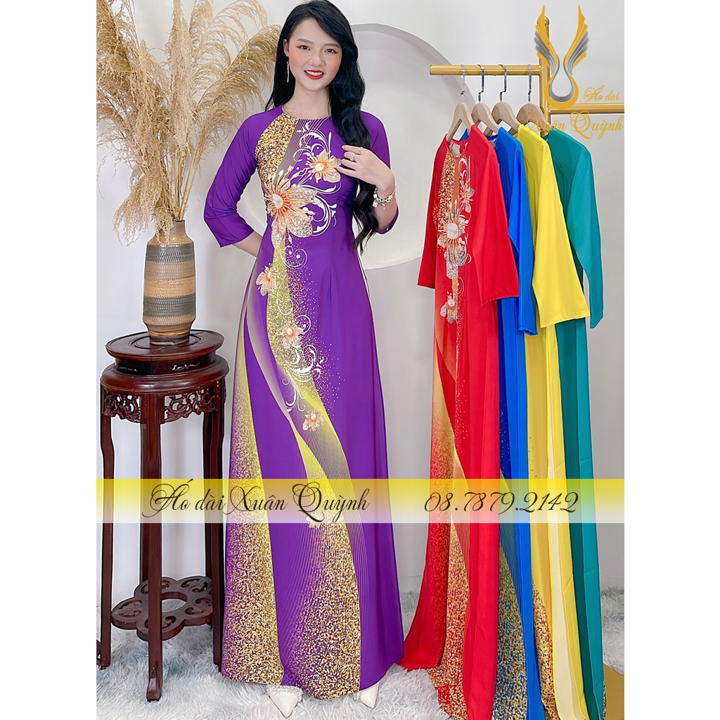 Áo Dài Hoa Kim Cương Phối Dải Chấm Bi Sang Trọng, Lụa Habutai Cao Cấp K97 Tím Huế