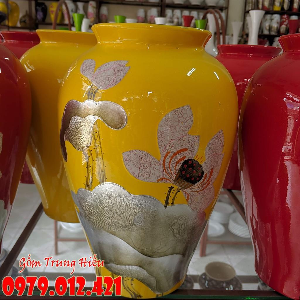 Bình hoa Bát Tràng khảm hoa sen cao 27cm