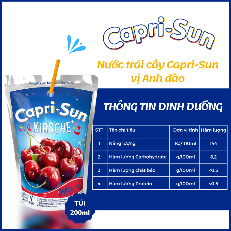 {Combo 5 túi} Nước trái cây Capri Sun vị Anh đào 200ml - hàng nhập khẩu Đức chính hãng