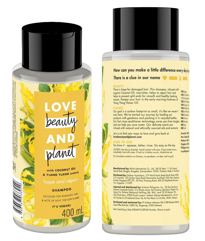 Combo Dầu Gội Dầu Xả Love Beauty &amp; Planet Phục Hồi Chẻ Ngọn Hope &amp; Repair 100% Dầu Dừa Organic Hương Ngọc Lan Tây 400ML