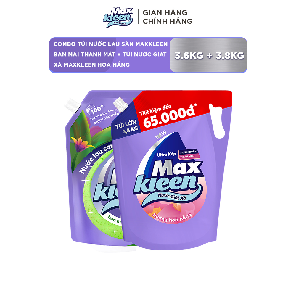 Combo Túi Nước Lau Sàn 3.6kg Ban Mai Thanh Mát + Túi Nước Giặt Xả MaxKleen 3.8kg Hoa Nắng