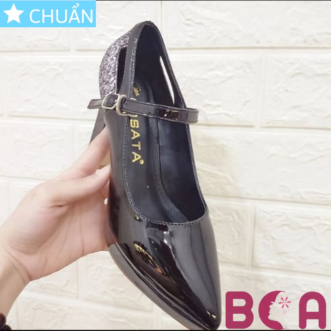 Giày cao gót nữ màu đen 9p RO377 ROSATA tại BCASHOP đế đúp, phần gót sau đính kim tuyến lấp lánh sang trọng và đẳng cấp