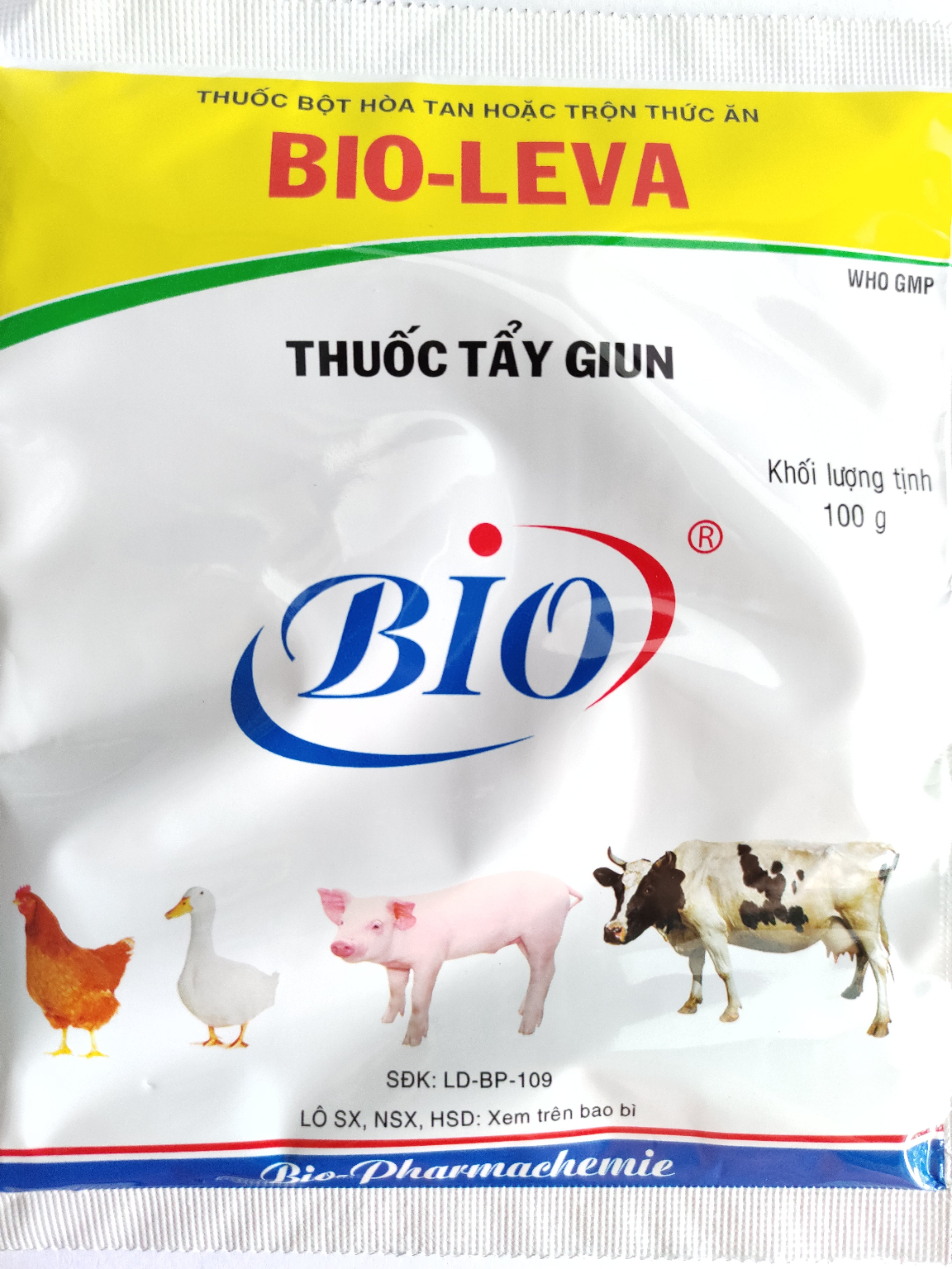BIO LEVA 100G Thuốc bột hoà tan hoặc trộn thức ăn tẩy giun gia súc, gia cầm