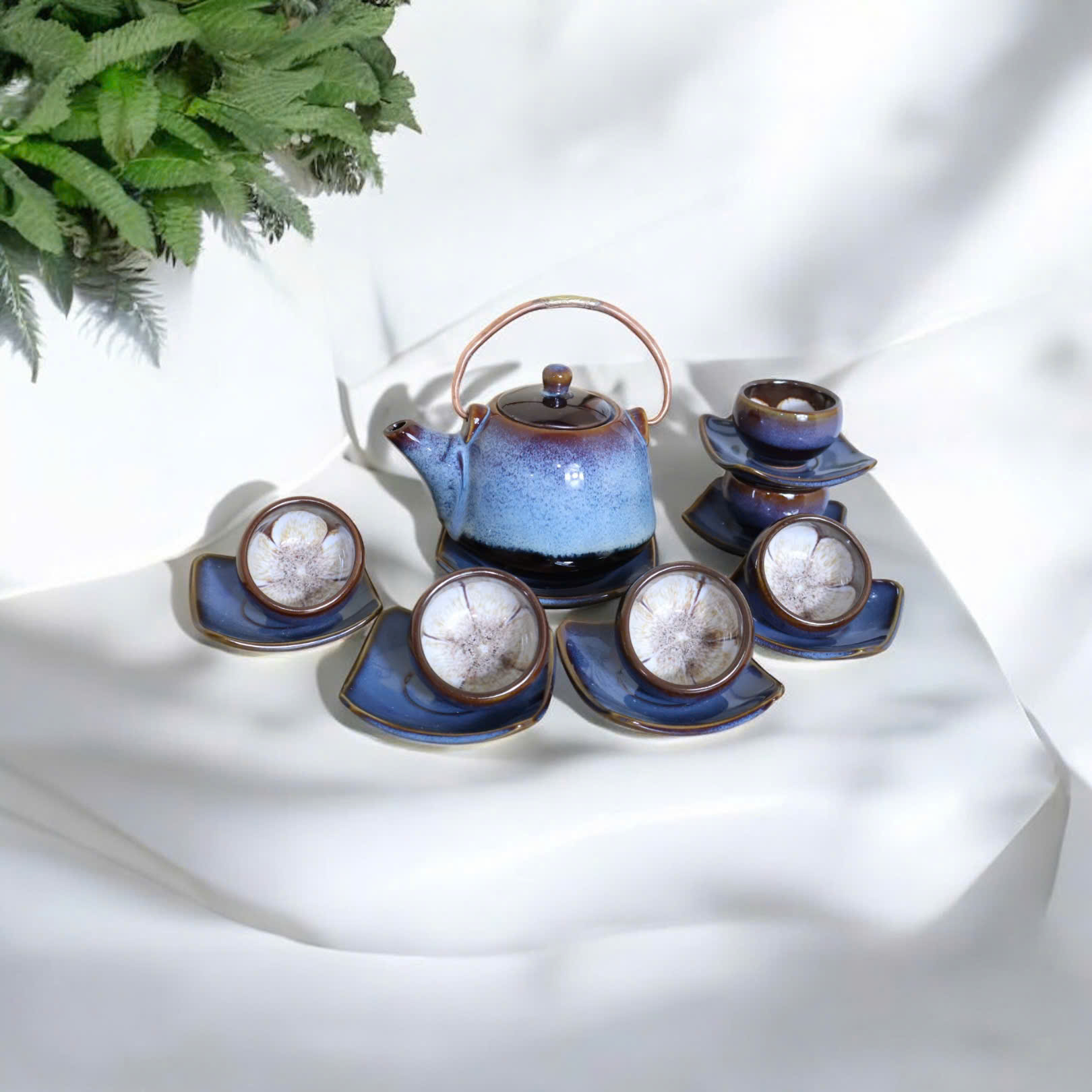 Bộ ấm chén men hoả biến Bát Tràng. -02