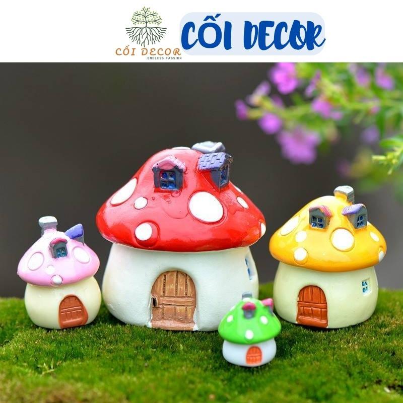 Tiểu cảnh ️ Mô hình ngôi nhà nấm nhiều màu sắc có ống khói trang trí sen đá, sân vườn, bể cá, bể terrarium