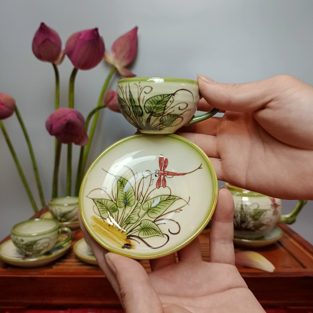 Bộ ấm chén uống trà cao cấp , bộ ấm trà Bát Tràng men rong vẻ tay gốc cầy chuồn khoai