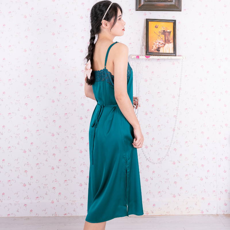 Đầm ngủ, Váy ngủ lụa Pháp cao cấp VILADY - V150, phối ren ngực và lưng, xẻ đùi 2 bên