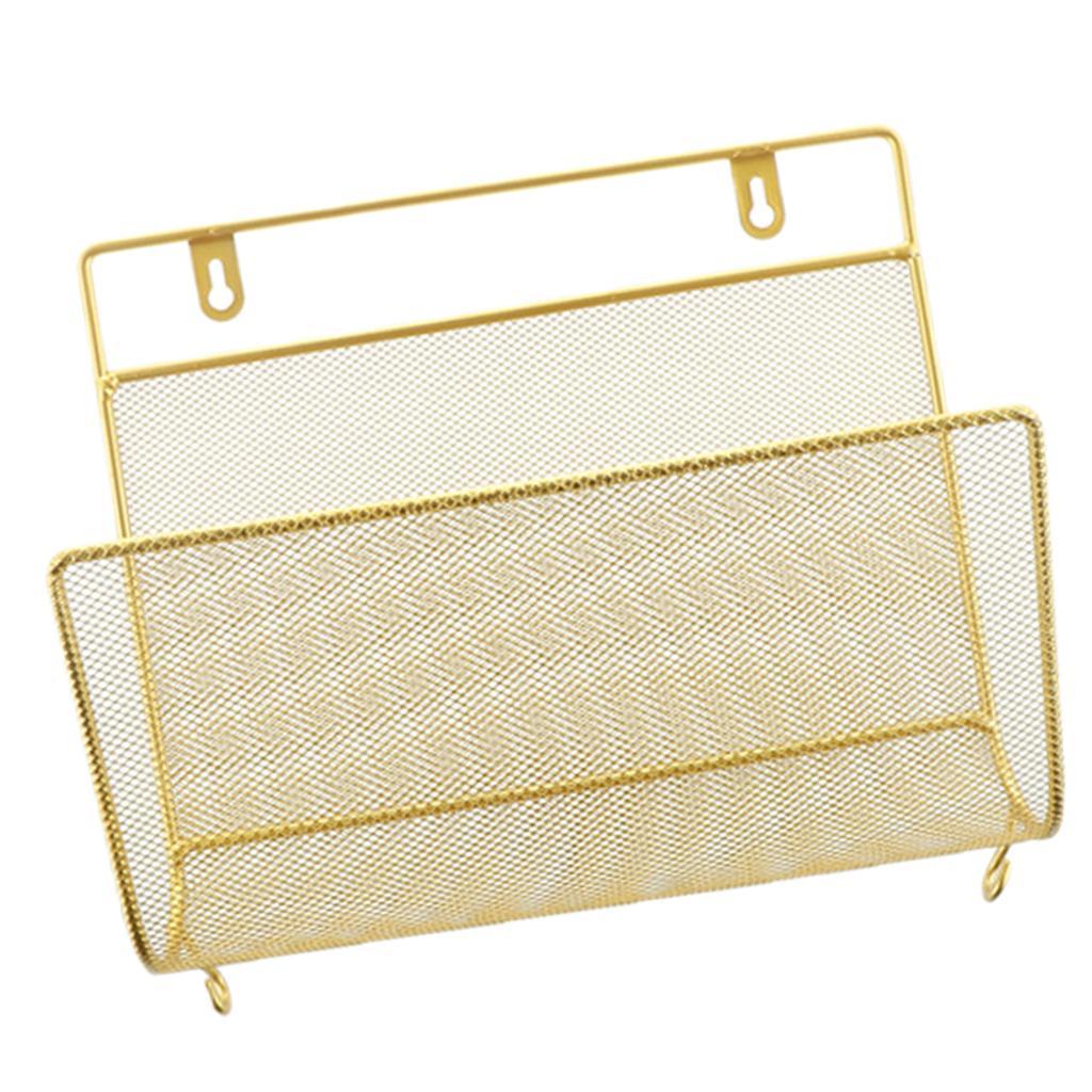 3X Wall Mount Metal Storage Basket Magazine Book Rack Shelf Holder Golden