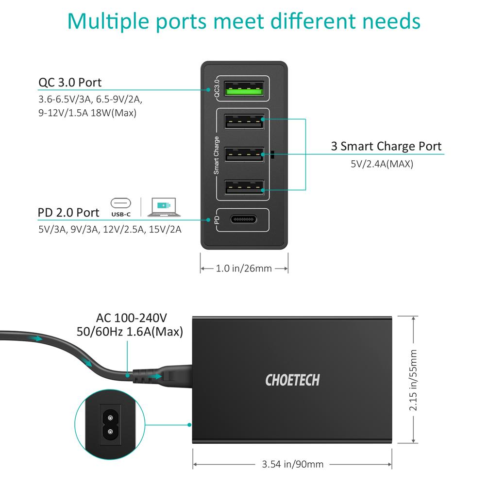 Adapter cóc củ sạc nhanh 60W 4 cổng USB & 1 cổng PD Type-C hiệu CHOETECH Q3-4U2Q cho điện thoại / máy tính bảng / Macbook / Laptop (sạc nhanh 1 cổng PD 2.0 Type-C & 1 cổng USB QC 3.0 & 3 cổng USB 2.4A, Max 6A) - hàng chính hãng