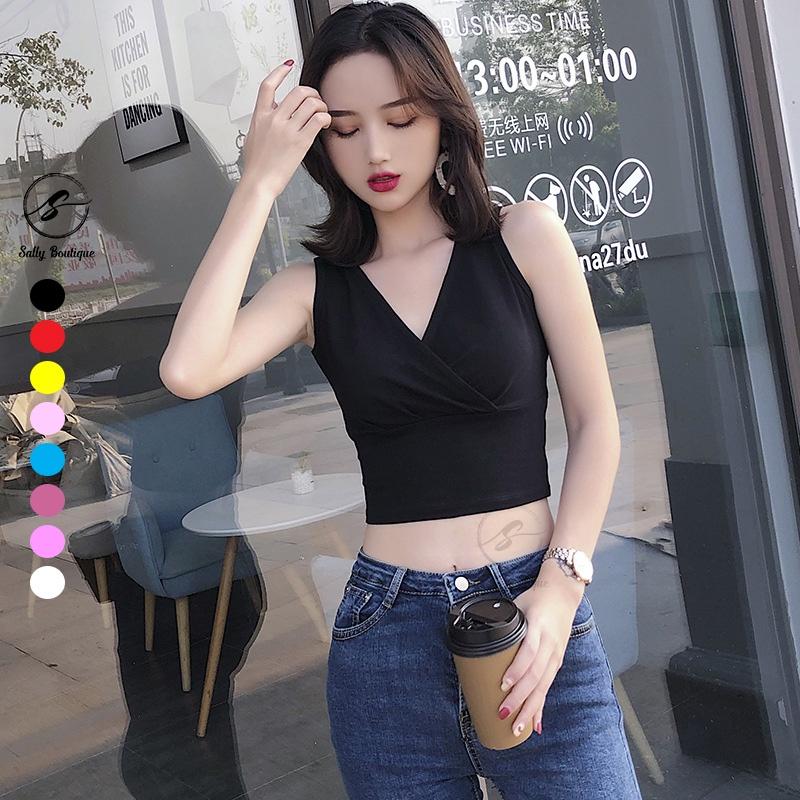 Áo Croptop Sát Nách Cổ Đắp Chéo Quyến Rũ Ôm Body Tôn Dáng Vải Cotton Co Giãn Nhiều Màu Lựa Chọn Sally Boutique-CRT004