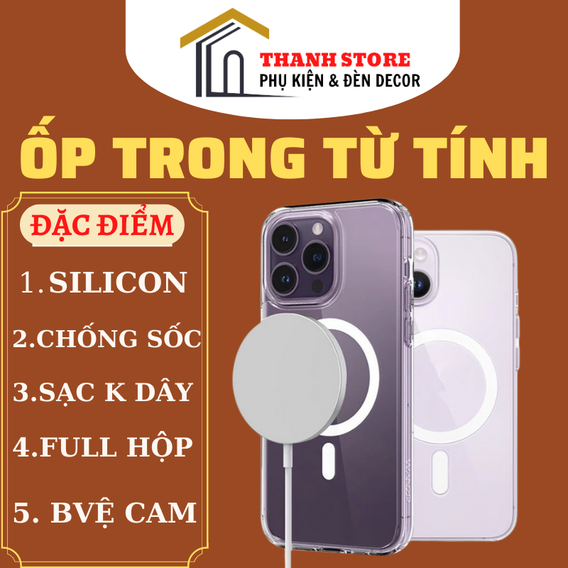 Ốp lưng điện thoại trong suốt hỗ trợ sạc từ tính cho iphone X/xsmax/11/12/13/14/pro/max/14promax