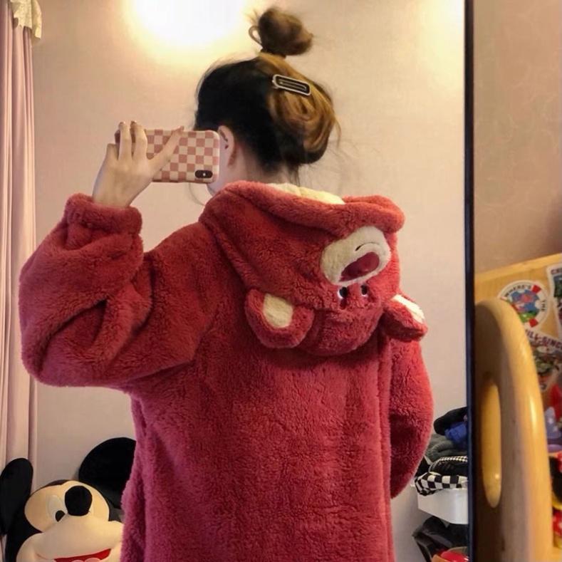 Bộ Đồ Ngủ Nhung San Hô Dày Dặn Giữ Ấm Mùa Thu Đông Họa Tiết Gấu Dâu