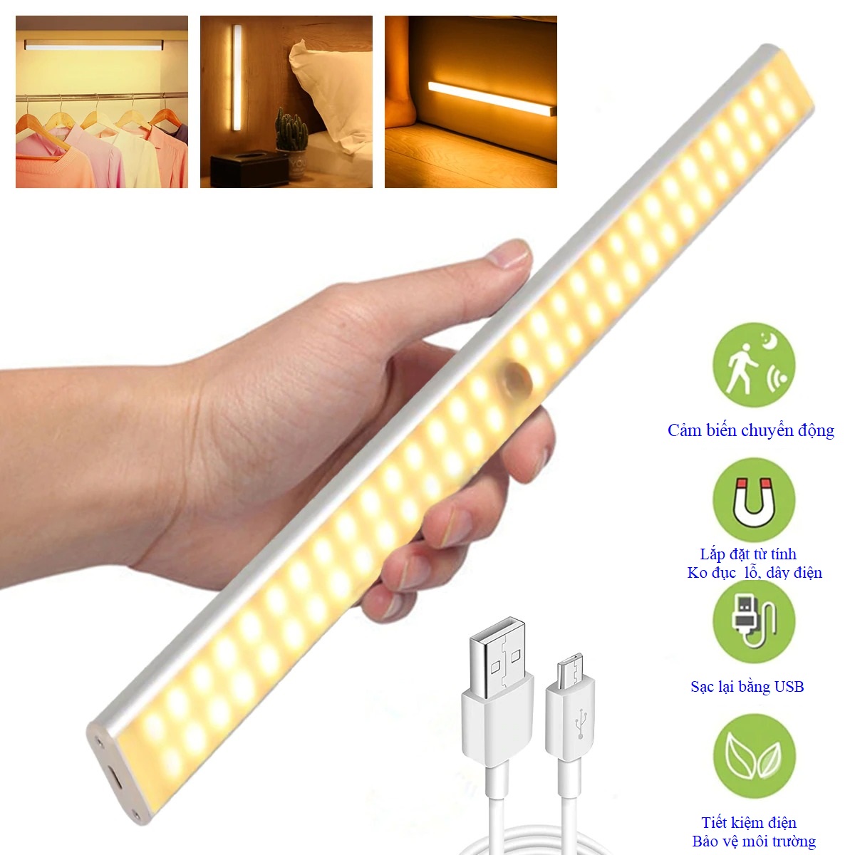 Đèn cảm ứng gắn cầu thang, tủ đồ, toilet, tự động bật/tắt ánh sáng, sạc bằng USB tiện dụng