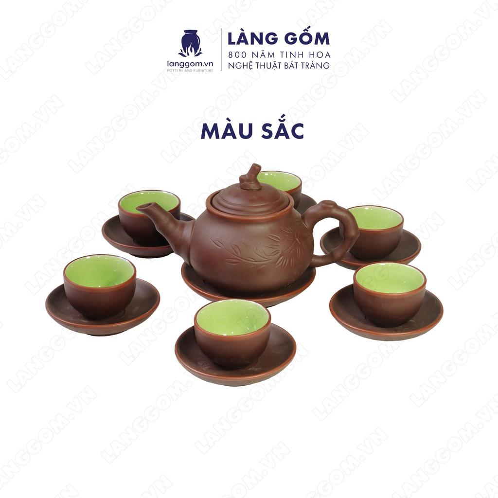 Bộ ấm chén đất nung khắc trúc to - Men mộc - Gốm sứ Bát Tràng - langgom.vn