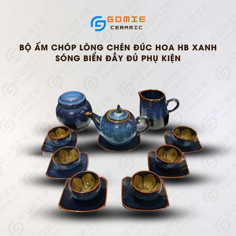 Bộ Ấm chóp lòng chén đúc hoa HB Xanh Sóng Biển đầy đủ phụ kiện