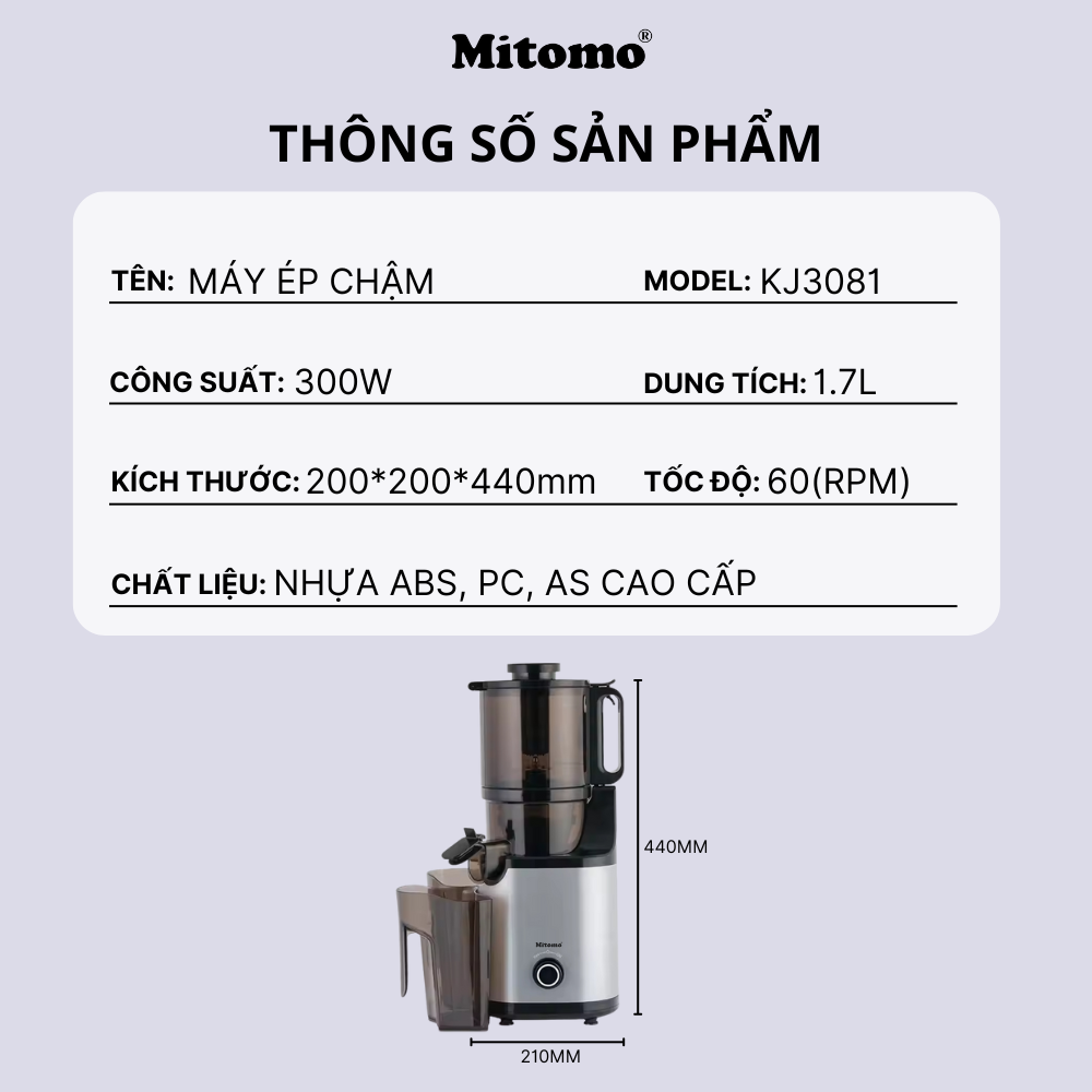Máy Ép Chậm, Máy Ép Trái Cây Công Nghiệp Mitomo KJ3081 Kiệt Bã - Hàng Chính Hãng Bảo Hành 3 Năm