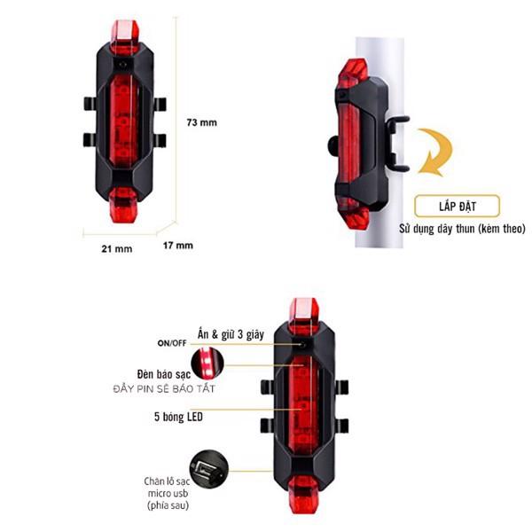 Đèn led báo hiệu 5 bóng gắn đuôi xe đạp