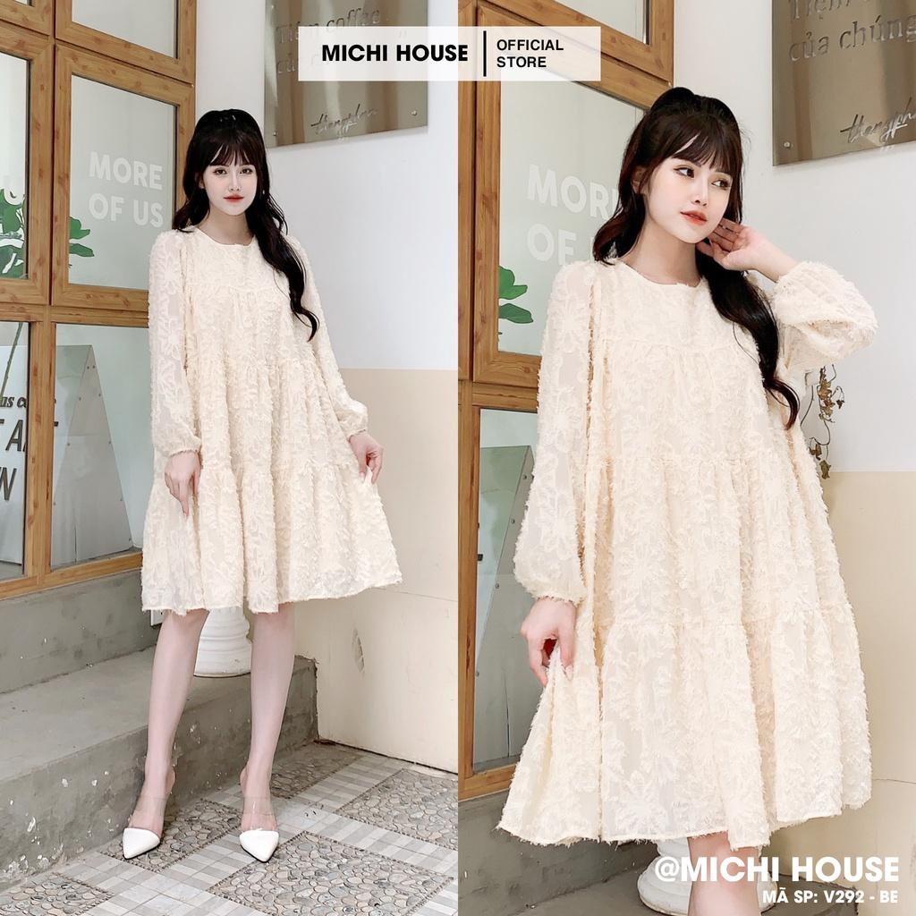 Đầm Suông Babydoll Đỏ Kem MICHI House Váy Xuông Rộng Dài tay Cổ tròn Freesize Dễ Mặc Xinh V291