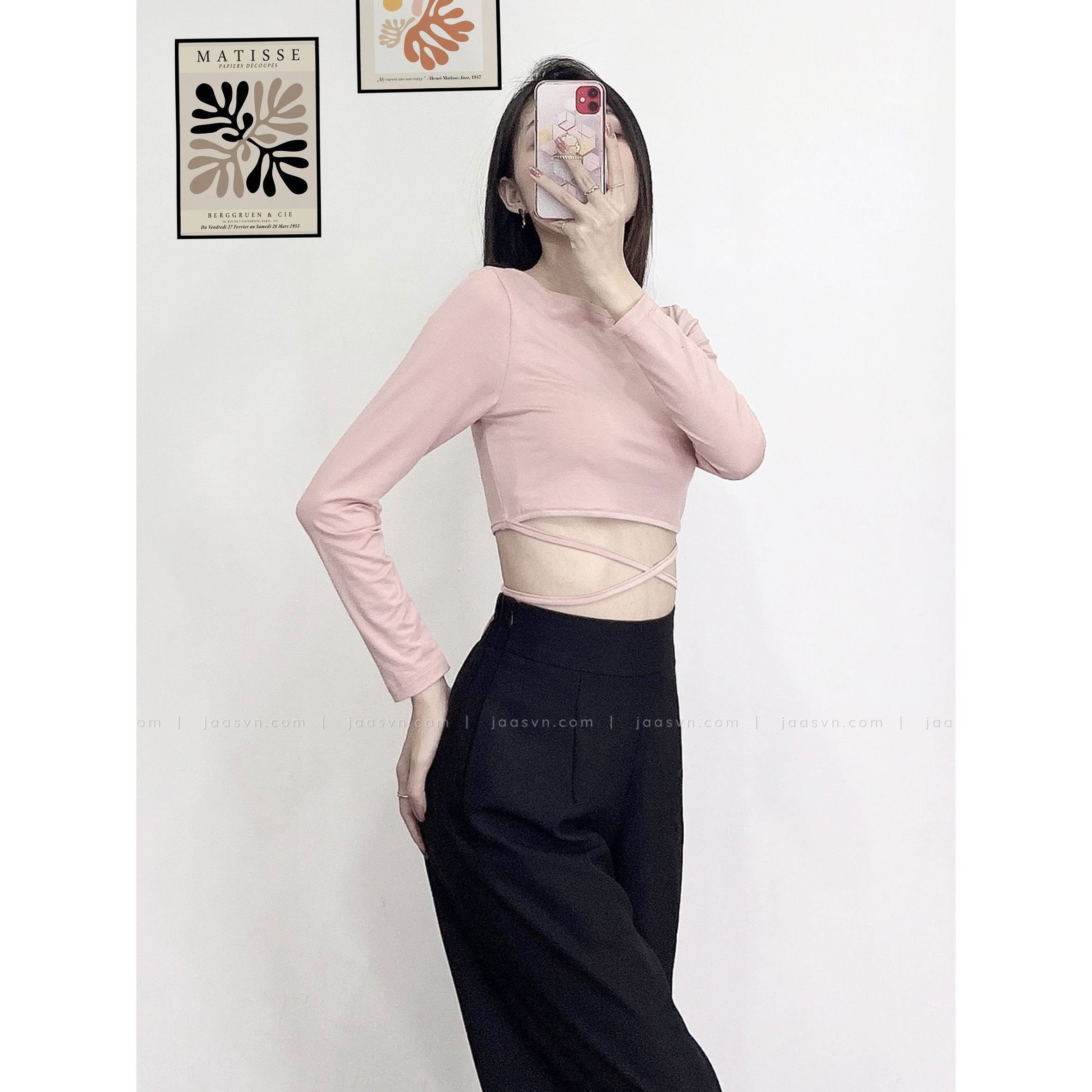 Áo croptop tay dài thắt dây eo cá tính
