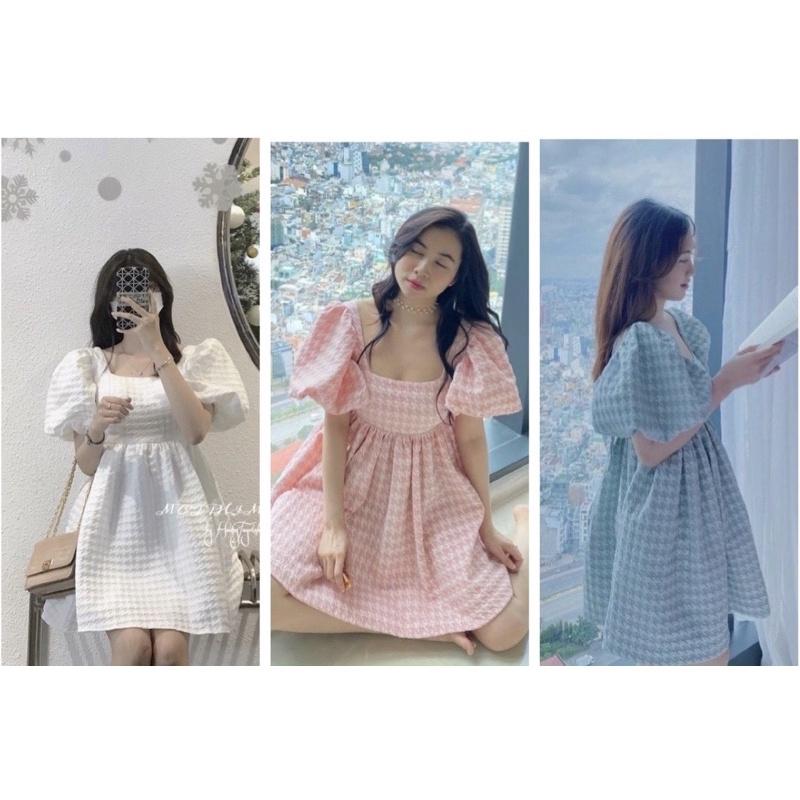 Đầm babydoll tay phồng cột nơ lưng chất xốp gân nổi , váy nữ dịu dàng nữ tính Hàn Quốc midushop88