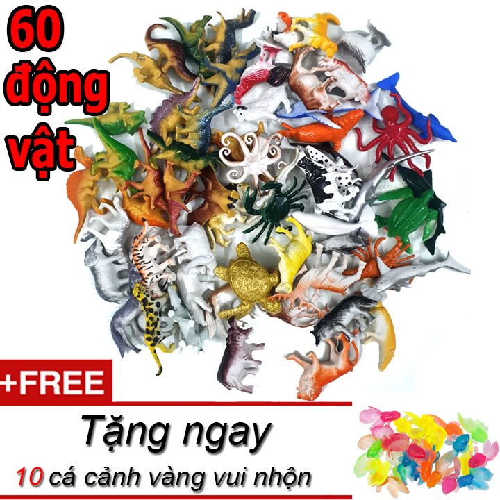 Bộ 60 động vật Animal World cho bé tặng kèm 10 cá cảnh nhiều màu trang trí bằng nhựa rất dễ thương