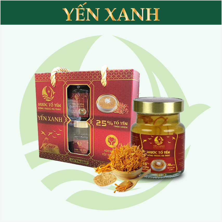 25% tổ yến - Nước tổ yến chưng đông trùng hạ thảo - YẾN XANH - Lốc 6 lọ x 70ml có quai xách