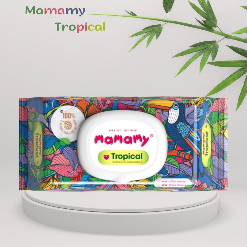 Khăn ướt Mamamy Tropical 90 tờ - 100 % sợi tự nhiên ngừa hăm , rôm sảy