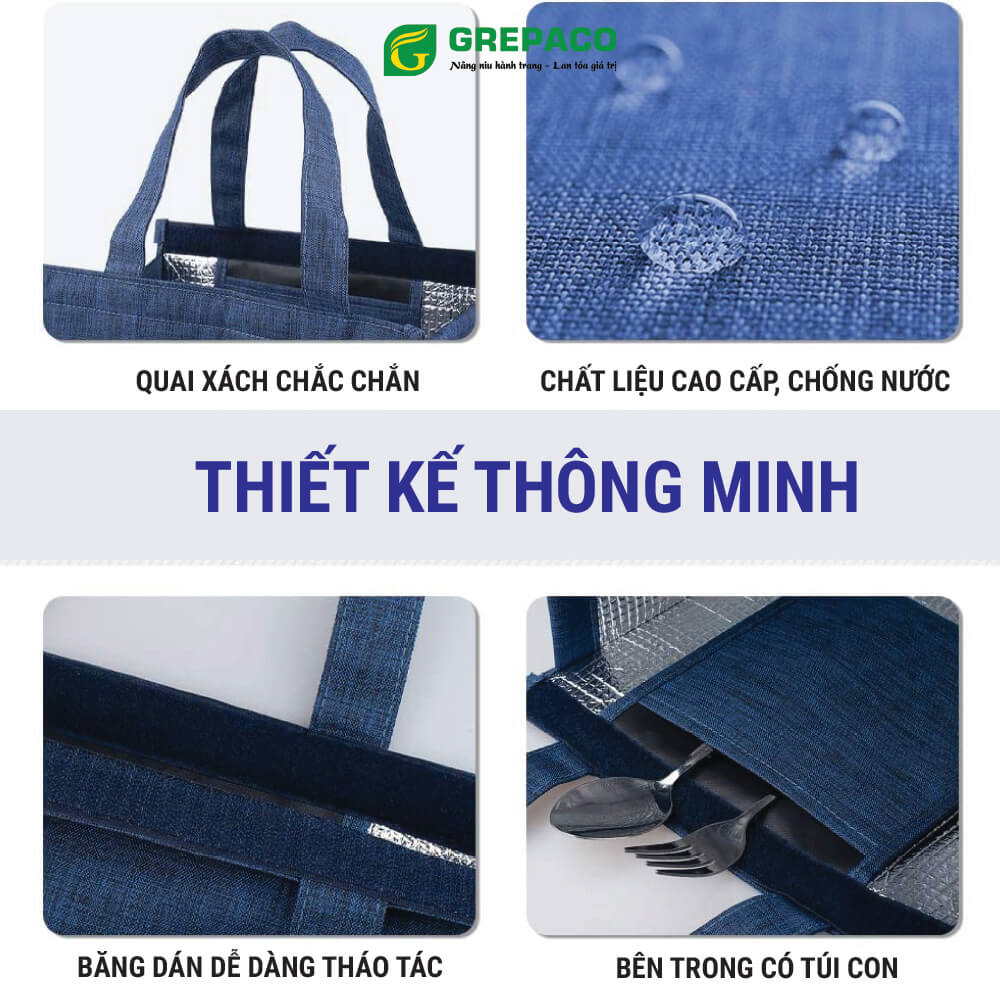 Túi Đựng Hộp Cơm Grepaco Giữ Nhiệt Lạnh Nóng Công Sở Văn Phòng, Du Lịch Đựng Đồ Thức Ăn – Vải Bố Canvas, Kích Thước To (Size Lớn), Kiểu Dáng Giỏ Xách Thời Trang Nam Nữ - Tặng Túi Đựng Muỗng Nĩa