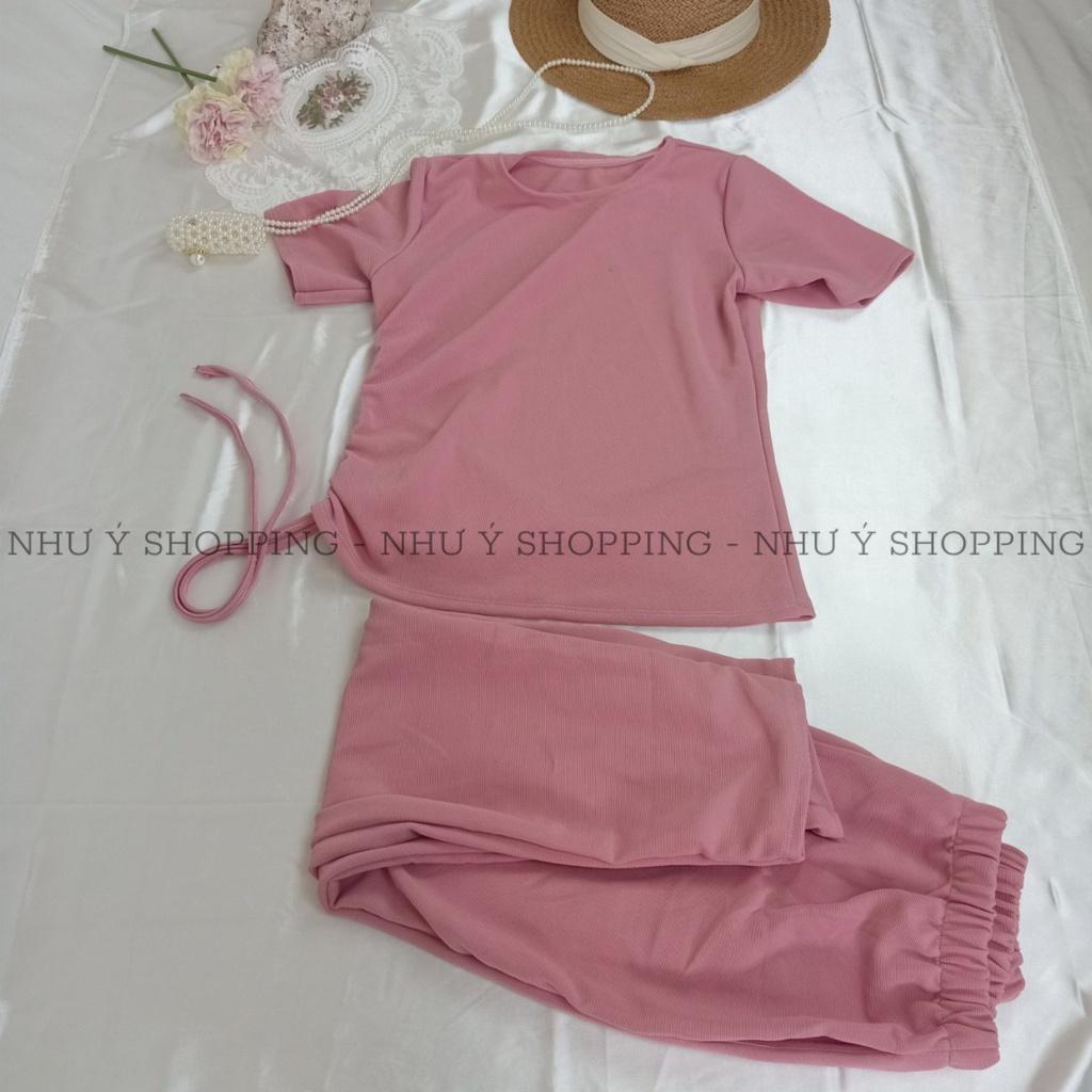 Bộ đồ nữ len tăm dây rút màu hồng cực xinh chất dày dặn free size dưới 55kg vừa