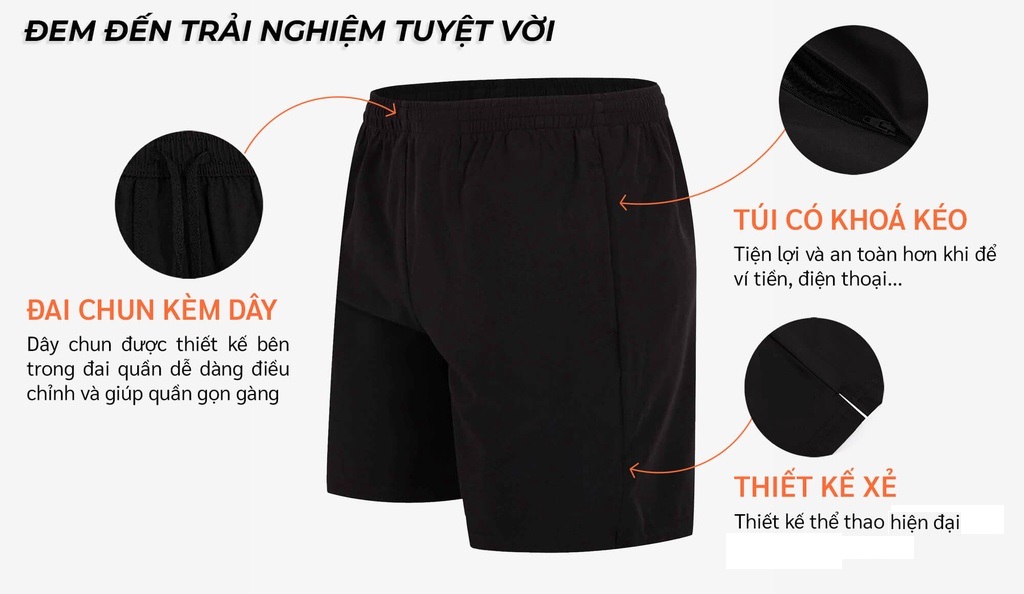 Quần short thể thao nam Vicci QS.01 chất liệu mềm nhẹ, co giãn, thoáng khí, túi có kéo khóa an toàn tiện lợi, kiểu dáng thể thao năng động