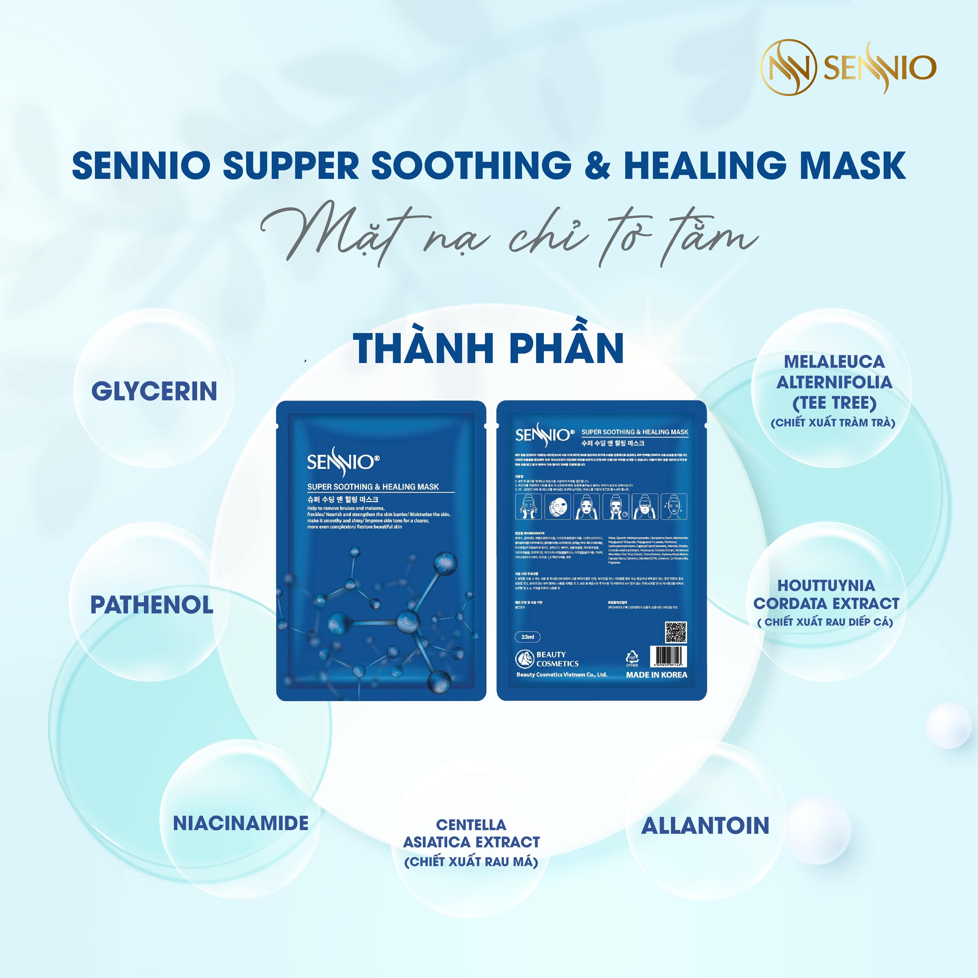 Mặt nạ giấy dưỡng trắng da Sennio Super Soothing &amp; Healing Mask dưỡng ẩm, phục hồi da 23 ml SNO 822