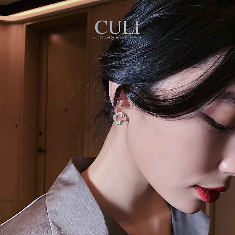Khuyên tai bạc S925, khoen tròn đính đá, phối xà cừ sang trọng HT665 - Culi accessories