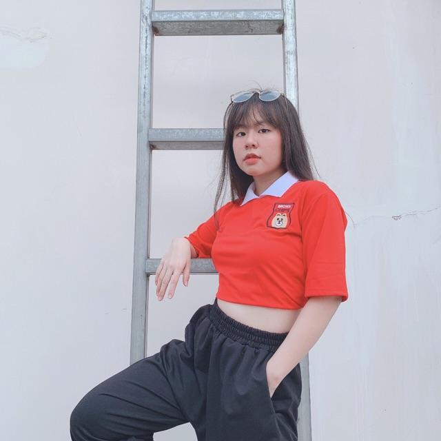 Áo kiểu croptop cổ bẻ lo go thêu nữ
