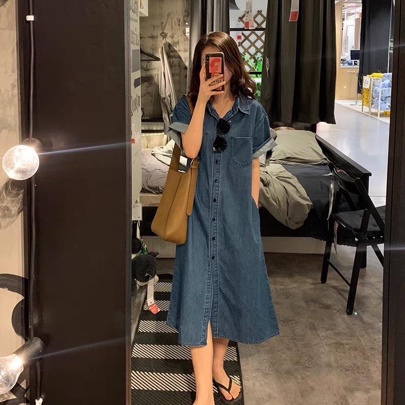 Váy Jean Bò Dáng Suông, Đầm Denim Bò Phong Cách Ulzzang style