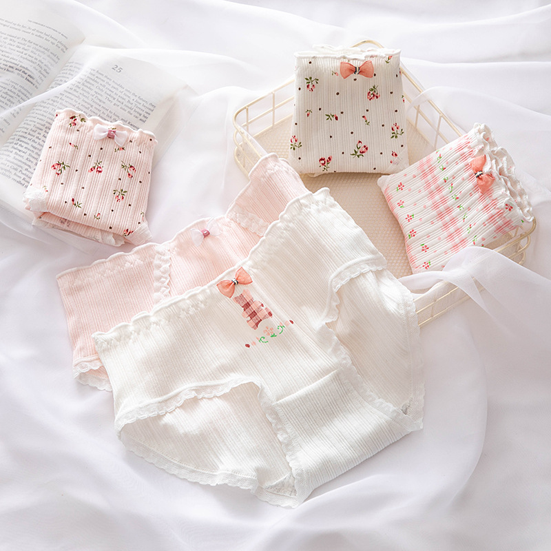 Set 5 Quần lót cotton nữ viền ren cạp nhún họa tiết hoa dễ thương QLN38