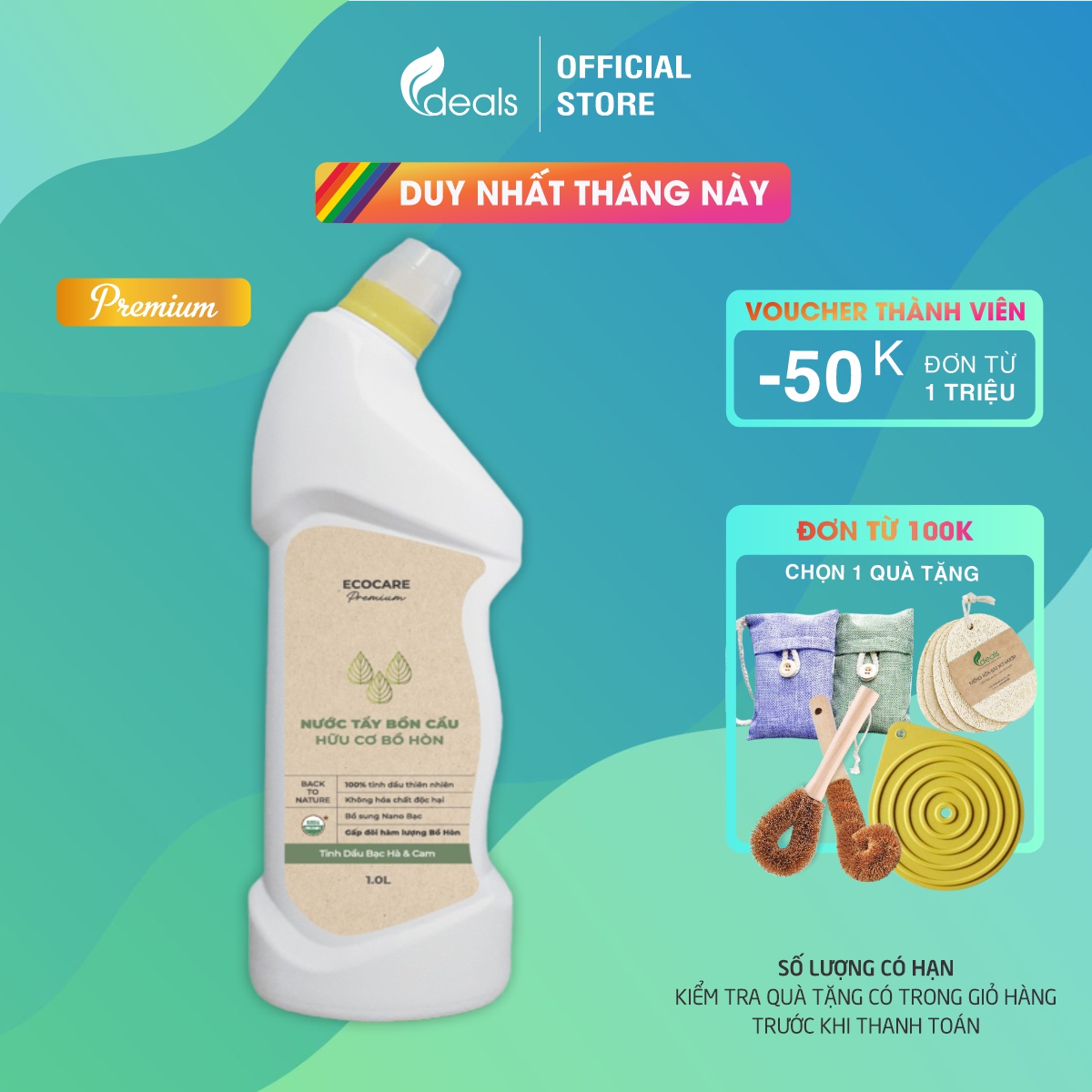 Premium Nước Tẩy Rửa Bồn Cầu Cao Cấp Ecocare Tinh Dầu Bạc Hà &Amp; Cam 1L - Tẩy Sạch Vết Ố Vàng, Diệt Vi Khuẩn, Khử Mùi