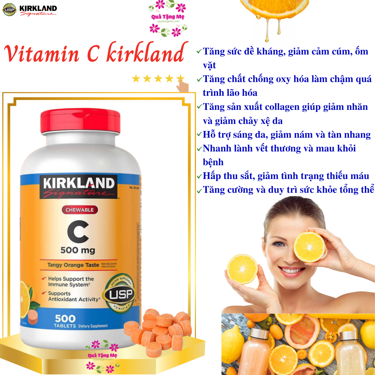 Vitamin C Kirkland Signature Mỹ Tăng cường sức đề kháng, Sáng da, làm chậm quá trình lão hóa, nhanh lành vết thương (bệnh) - QuaTangMe Extaste