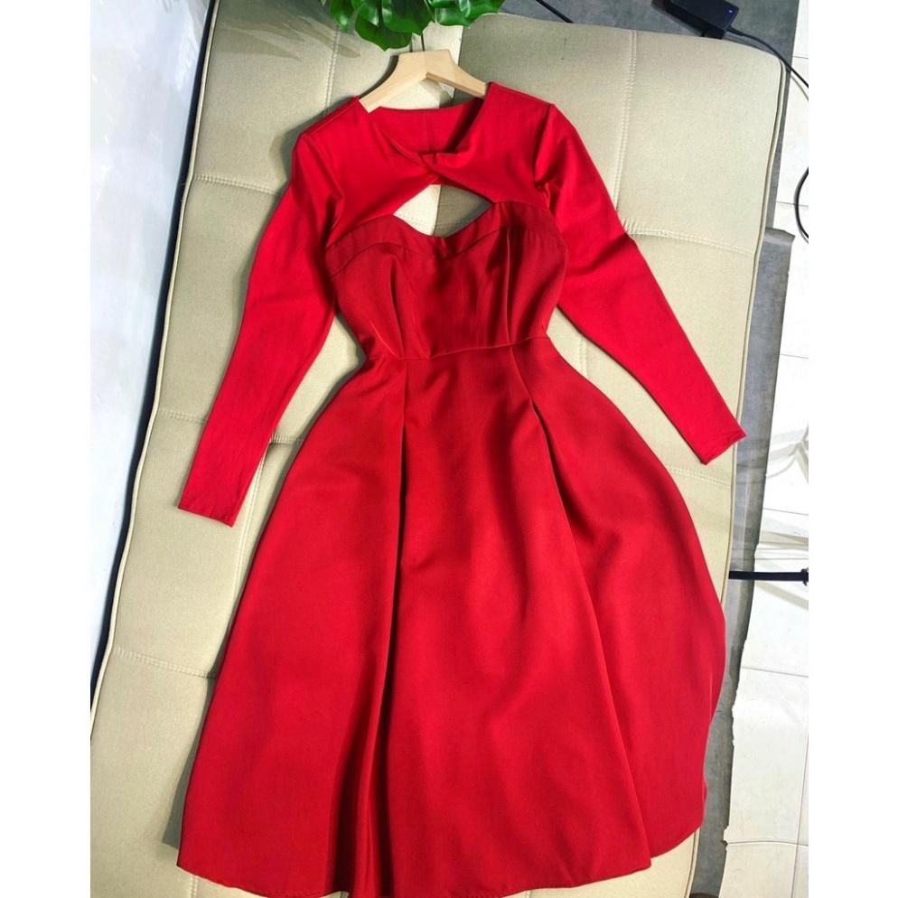 Đầm Đỏ xoè dài tuyết thái tay dài khoét ngực đi biển dự tiệc dạo phố bigsize gợi cảm sexy