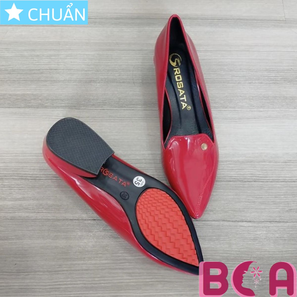 Hình ảnh Giày búp bê mũi nhọn nữ 2p RO358 ROSATA tại BCASHOP màu đỏ, gót vuông viền kim loại lạ mắt và rất sang chân