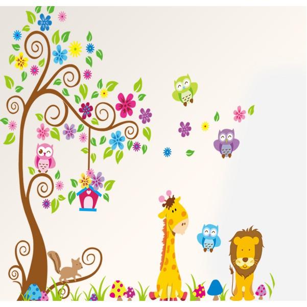 Decal trang trí tường - Cây hoa văn và thú sắc màu 03