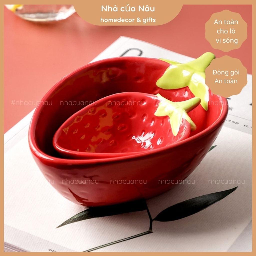Set 2 bát phù hợp cho bé ăn dặm, làm bát ăn lẩu hình DÂU TÂY đáng yêu từ sứ dày dặn an toàn cho lò vi sóng