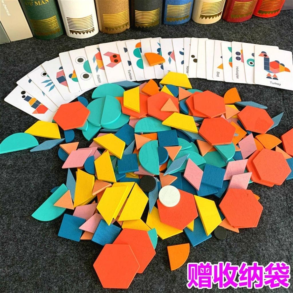 Đồ chơi ghép hình tư duy - xếp hình Tangram, ghép hình Patern Block theo thẻ 180 chi tiết bằng gô cho bé.