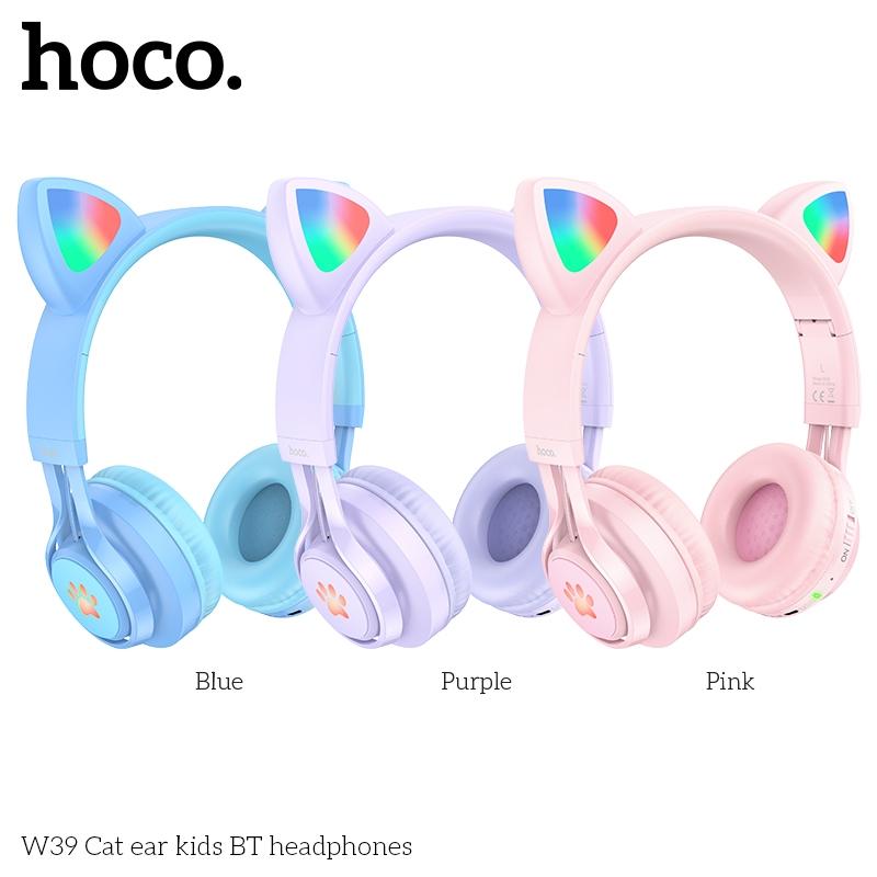 Tai nghe chụp tai mèo không dây Bluetooth Hoco W39, tai nghe có đèn led cho trẻ em, 10h nghe nhạc hàng chính hãng Hoco Mall