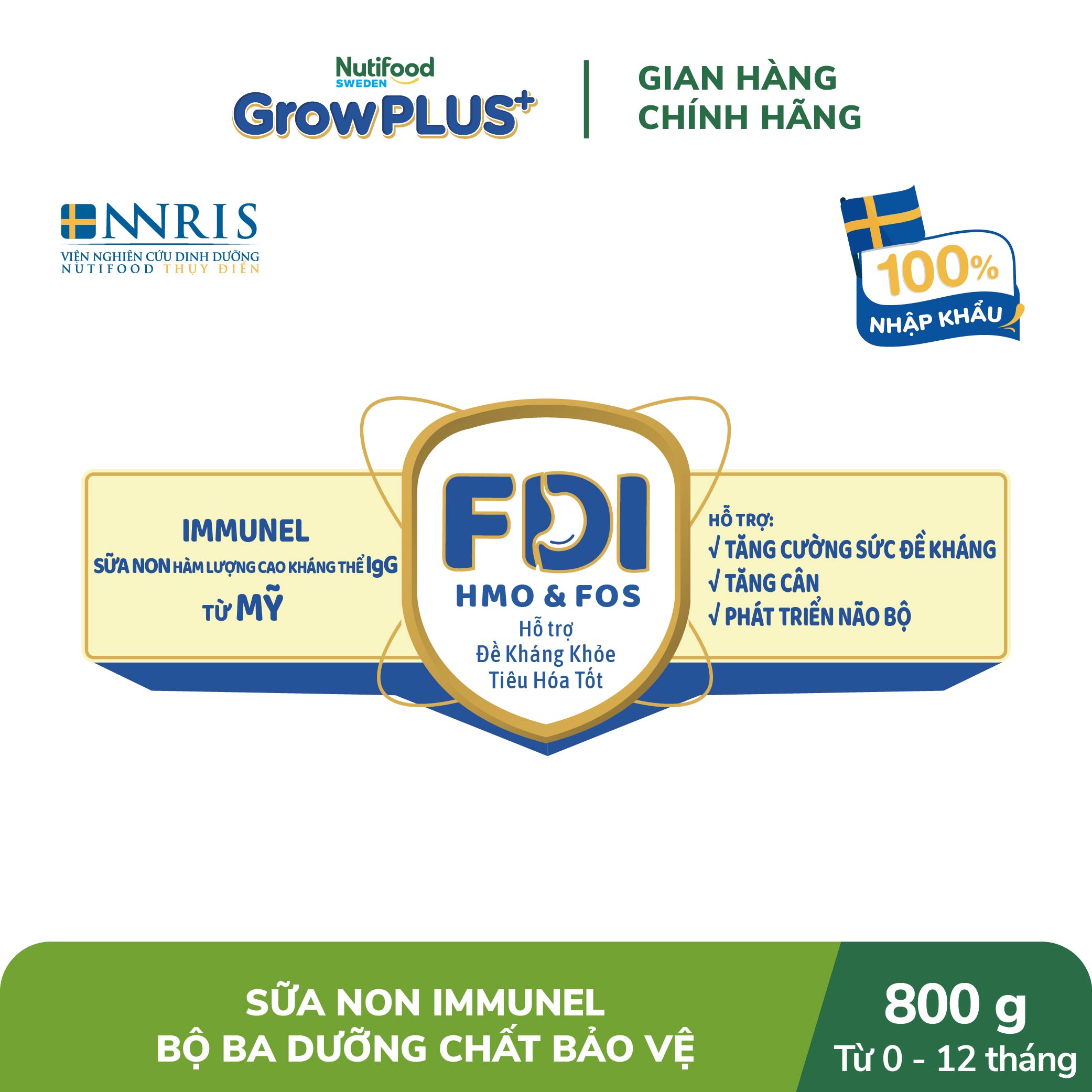 Sữa Bột Nutifood Sweden GrowPLUS+ Sữa Non Immunel từ 0 - 12 tháng lon 800g