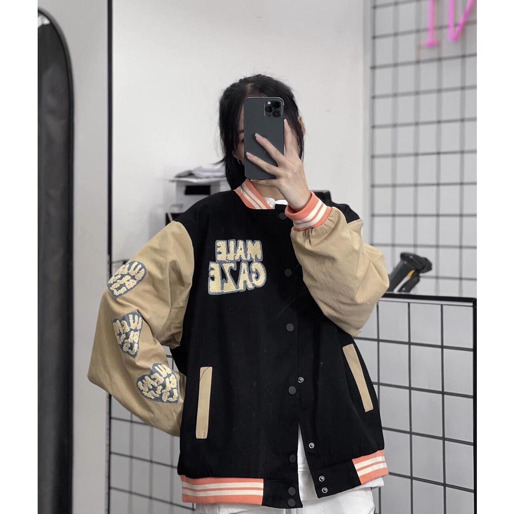 Áo Khoác Bomber Varsity Nữ - Jacket Nỉ Dáng Rộng Unisex Tay Bồng Màu Nâu Tây Phong Cách Hàn Quốc