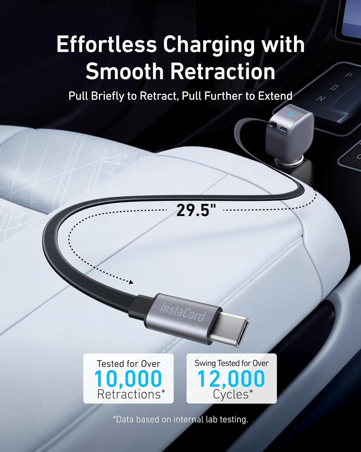 Tẩu sạc ô tô Anker Nano 1C 75W (Built-In Retractable USB-C Cable) Xám (Gray) A2738 - Hàng Chính Hãng